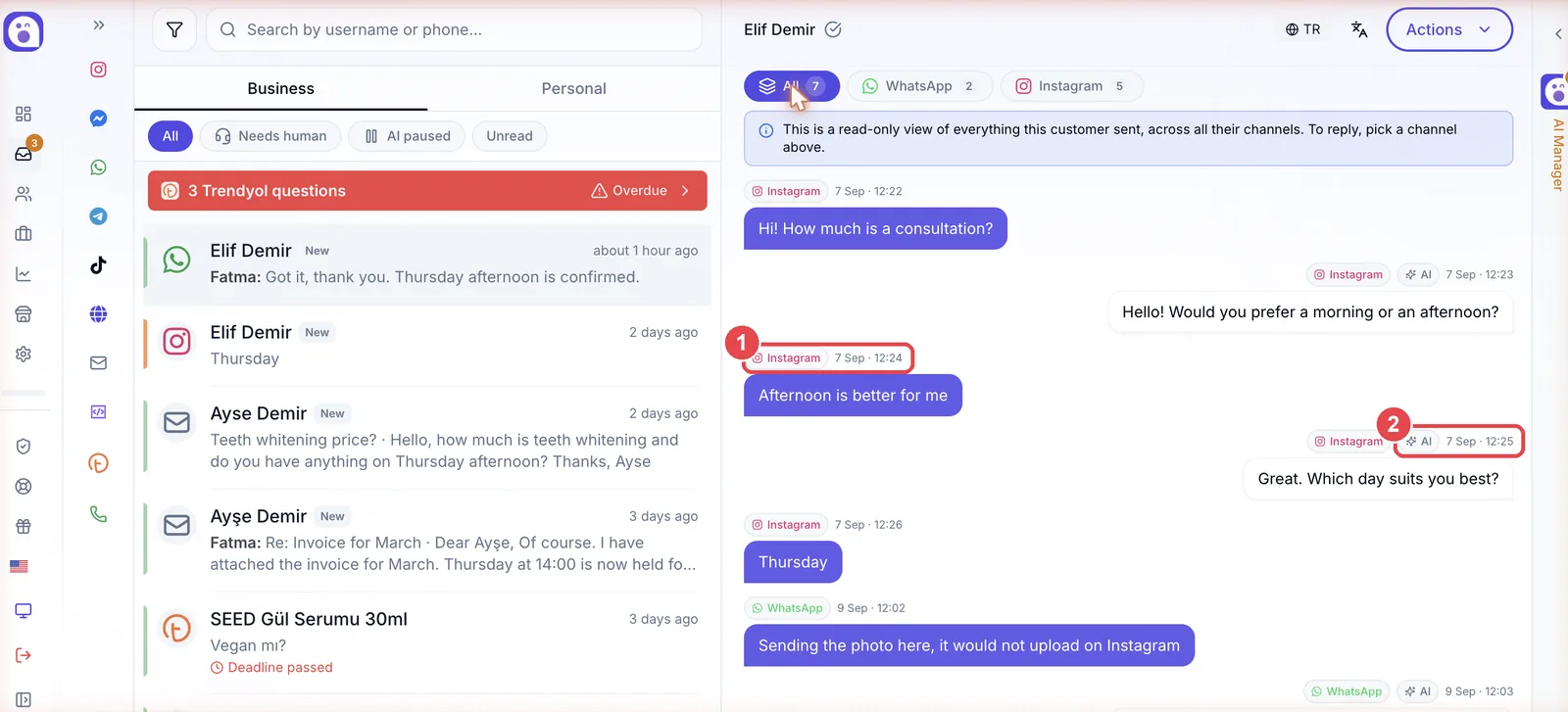 The All view, showing messages from Instagram and WhatsApp together with who replied