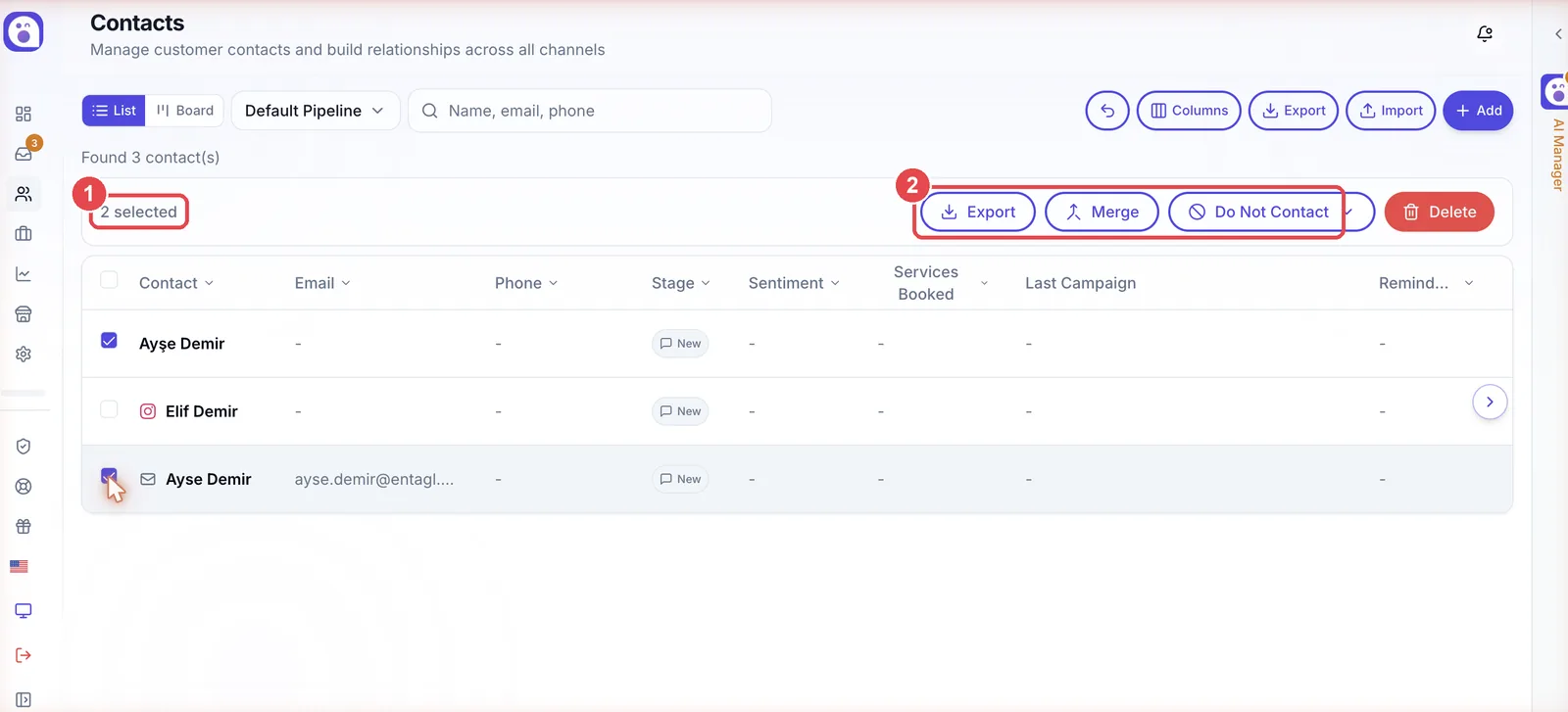 The contacts list with two records ticked, showing the actions bar that appears