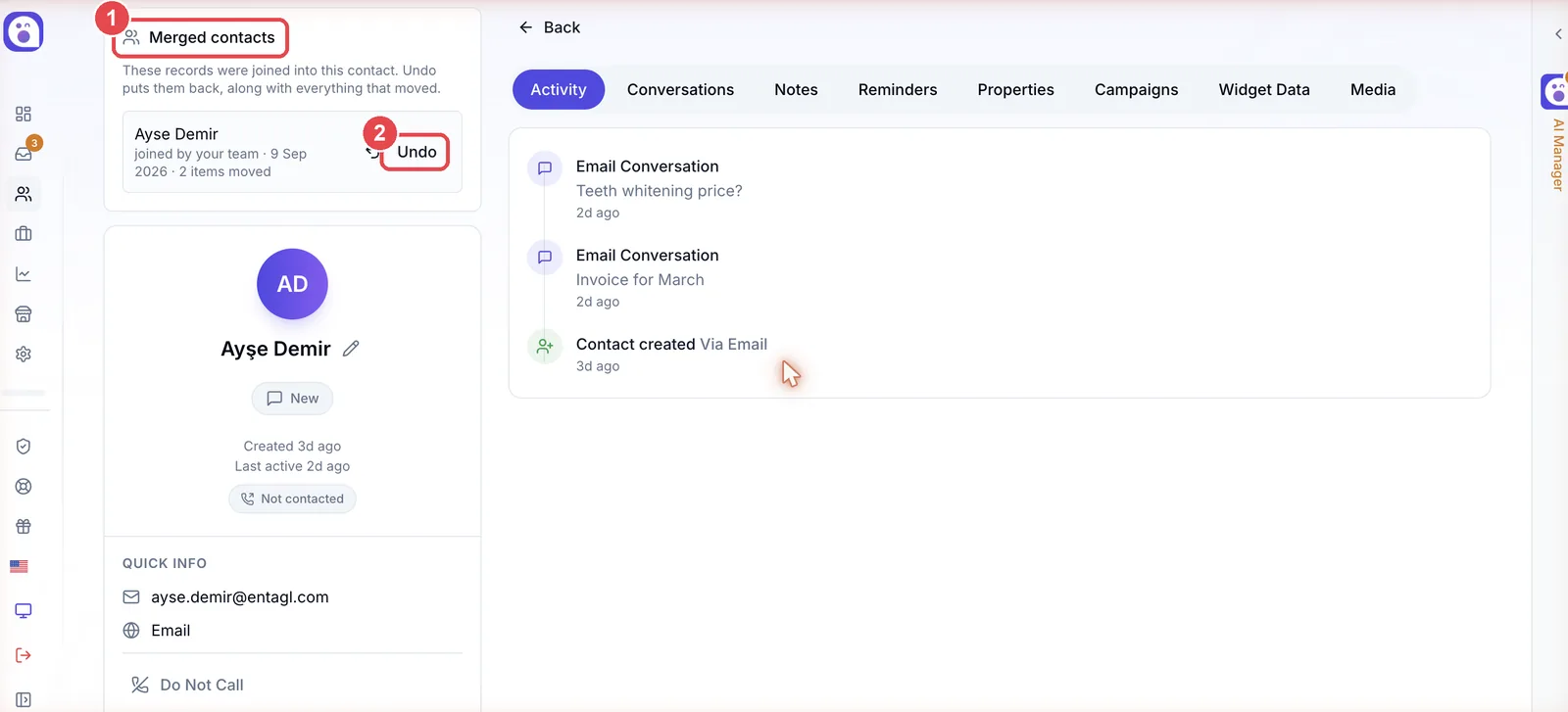 A contact page showing the Merged contacts panel with an Undo button
